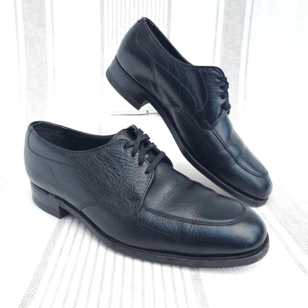 Vintage Florsheim Shoes 21803 Eton Mens 9D Black Leather Derby Apron Toe Lace Up